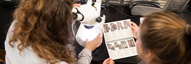 students looking through microscope